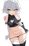  1girl arm_belt bandaged_arm bandages bare_shoulders black_gloves black_panties black_shirt breasts cleavage_cutout clothing_cutout crop_top cropped_shirt fate/apocrypha fate_(series) fingerless_gloves gloves green_eyes grey_hair groin highres jack_the_ripper_(fate/apocrypha) looking_at_viewer navel open_mouth panties panty_pull scar scar_across_eye scar_on_face shenqi_xiaohuang shirt short_hair shoulder_tattoo simple_background single_fingerless_glove single_glove slit_pupils small_breasts solo stomach tattoo thighs triangle_cutout underwear white_background 