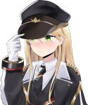  1girl blonde_hair blush coat commission commissioner_upload girls&#039;_frontline gloves green_eyes hat highres kandly long_hair military_coat military_hat military_uniform necktie non-web_source peaked_cap simple_background solo stg44_(girls&#039;_frontline) stg44_(mod3)_(girls&#039;_frontline) transparent_background upper_body vgen_commission white_gloves 