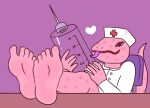 5_toes anthro barefoot catherine_(gregory_horror_show) chair clothed clothed_anthro clothed_female clothing compysteps crossed_ankles eyelashes feet female foot_focus furniture gregory_horror_show heart_symbol holding_syringe humanoid_feet lizard markings medical_instrument medical_syringe nurse nurse_clothing on_chair open_mouth open_smile pink_body pink_eyes pink_scales plantigrade purple_background purple_tongue reptile scales scalie scientific_instrument simple_background sitting sitting_on_chair smile soles solo spots spotted_body syringe tail toes tongue tongue_out