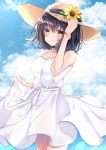  1girl bangs blue_sky brown_hair closed_mouth cloud collarbone dress dress_lift eyebrows_visible_through_hair flower frilled_dress frills hand_on_headwear hat hat_flower highres light_rays nakaji_(user_snap3353) ocean original outdoors sky smile solo standing straw_hat sun_hat sundress white_dress yellow_eyes 