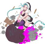  1girl ammunition arm_tattoo bag black_gloves blue_hair bomb box braid breasts cleavage crop_top explosive full_body fur_collar gift gift_box gloves hat heart-shaped_box holding holding_bag jinx_(league_of_legends) league_of_legends long_braid long_hair looking_at_viewer paint_splatter partially_colored pink_eyes purple_thighhighs santa_hat short_shorts shorts single_braid smirk solo standing standing_on_one_leg stomach stuffed_animal stuffed_toy tattoo teddy_bear thighhighs torn_bag twisted_torso very_long_hair white_background yoimon zettai_ryouiki 