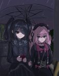  2girls alternate_costume ame-chan_(needy_girl_overdose) animal_ears arm_behind_back black_dress black_eyes black_hair cat_ears cat_hair_ornament corset dress hair_ornament hair_ribbon highres holding holding_phone holding_umbrella kemonomimi_mode lace-trimmed_dress lace_trim looking_at_another looking_at_object maid_headdress multiple_girls needy_girl_overdose p-chan_(needy_girl_overdose) phone pien_cat_(needy_girl_overdose) pink_eyes pink_hair rain ribbon short_twintails sidelocks skirt suspender_skirt suspenders twintails umbrella x_hair_ornament yuriyalloween 