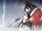  2boys black_gloves black_hair black_hanfu black_robe blindfold canopy_(shelter) cape chinese_clothes chinese_commentary closed_mouth covered_eyes cowboy_shot facing_another fur-trimmed_cape fur_trim gloves hair_between_eyes hair_ribbon hand_on_another&#039;s_chin hanfu hug hug_from_behind lightning long_hair long_sleeves looking_at_another looking_down looking_up male_focus modao_zushi multiple_boys oil-paper_umbrella parted_lips partially_fingerless_gloves ponytail rain red_cape red_ribbon ribbon robe single_glove smile stool table umbrella upper_body watermark weibo_watermark white_hanfu white_robe wooden_table xiao_xiao_zuowen xiao_xingchen xue_yang yaoi yellow_eyes 