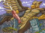  2019 anthro avian balls big_balls big_penis bodily_fluids brown_body building building_sex carpo chest_tuft city cum destruction detailed_background english_text erection feathered_wings feathers furrypur genital_fluids genitals gryphon hi_res lying macro male muscular muscular_male mythological_avian mythology narrowed_eyes nude on_back orgasm outside penile_spines penis solo text traditional_media_(artwork) tuft wings 