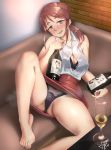  1girl alcohol ass bare_shoulders barefoot black_bra black_panties bottle bra breasts brown_hair champagne_flute collared_shirt couch cup drinking_glass drunk eyebrows_visible_through_hair hair_over_shoulder highres idolmaster idolmaster_cinderella_girls idolmaster_cinderella_girls_starlight_stage jun_piro large_breasts long_hair looking_at_viewer lying mifune_miyu miniskirt on_back open_clothes open_mouth open_shirt panties ponytail red_eyes red_skirt sake see-through shirt sidelocks signature skirt sleeveless sleeveless_shirt smile solo spread_legs thighs underwear wavy_mouth white_shirt 