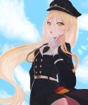  1girl :o absurdres aiguillette arm_at_side belt black_coat black_hat black_shorts blonde_hair blue_sky buttons cloud cloudy_sky coat commission double-breasted english_commentary expressionless flag_print floating_hair german_flag german_flag_print girls&#039;_frontline gloves green_eyes hand_up hat highres index_finger_raised lens_flare long_hair long_sleeves looking_at_viewer military_coat military_dress_uniform military_hat military_uniform multi-source_commentary open_mouth peaked_cap sezu_(inuhotwan) short_shorts shorts sideways_glance skeb_commission sky solo stg44_(girls&#039;_frontline) two-sided_coat two-sided_fabric upper_body very_long_hair white_belt white_gloves 