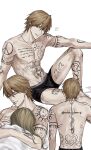  1boy 1other arm_tattoo back back_tattoo black_male_underwear brown_eyes chest_tattoo cigarette collarbone commentary cross cross_necklace everyday_host heart heart_tattoo highres jewelry leg_tattoo male_focus male_underwear mouth_hold multiple_tattoos necklace no_nipples orange_hair pectorals ryouichi_(everyday_host) short_hair shoulder_tattoo simple_background sitting solo_focus sso_s stomach_tattoo symbol-only_commentary tattoo teeth_hold tongue tongue_out underwear underwear_only white_background 