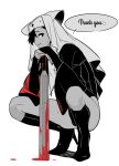  1boy animal_ear_headwear black_hair blood blood_on_weapon cross cross_necklace english_text fucafucamold full_body high_heels holding_baton_(weapon) jewelry male_focus necklace nun original short_hair simple_background smile solo thank_you weapon white_background 