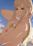 1girl blonde_hair blue_eyes breasts closed_mouth cloud commentary day enelous english_commentary from_side gigi_andalusia gundam gundam_hathaway&#039;s_flash hand_on_own_neck highres lips long_hair medium_breasts nipples nude outdoors sidelocks solo upper_body 