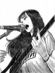  1girl black_hair from_below greyscale highres long_hair looking_to_the_side microphone microphone_stand monochrome music open_mouth original short_sleeves singing solo tp_p_pt white_background 