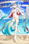  1girl absurdres alternate_costume beach bikini blue_eyes blue_hair blue_sky braid breasts cleavage fate/grand_order fate_(series) flower full_body gradient_hair hair_flower hair_ornament hair_ribbon hat high_heels highres jacket jacket_on_shoulders large_breasts long_hair longdq3008 looking_at_viewer morgan_le_fay_(fate) morgan_le_fay_(water_princess)_(fate) multicolored_hair platform_heels ponytail ribbon shore sidelocks single_thighhigh sky solo stomach_tattoo sun_hat swimsuit tattoo thigh_strap thighhighs twin_braids very_long_hair white_bikini white_hair white_hat white_jacket white_thighhighs 
