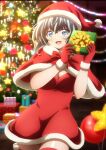  1girl blue_eyes blue_hair blush box breasts capelet christmas christmas_tree cleavage dress fur-trimmed_capelet fur-trimmed_gloves fur-trimmed_headwear fur_trim gift gift_box gloves hair_between_eyes hat highres holding looking_at_viewer medium_breasts merry_christmas miniskirt mizuno_yumiko narsena open_mouth party_kara_tsuihousareta_sono_chiyushi_jitsu_wa_saikyou_ni_tsuki red_capelet red_gloves red_hat santa_costume santa_dress santa_hat short_hair skirt smile solo standing thighs 