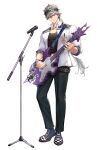  1boy absurdres belt black_belt black_headband black_pants black_shoes black_undershirt braid breast_pocket chase_(king&#039;s_raid) checkered_shoes collared_shirt commentary english_commentary frown full_body grey_hair guitar guitar_strap hair_between_eyes headband highres holding holding_guitar holding_instrument holding_plectrum instrument king&#039;s_raid lagna long_hair microphone microphone_stand object_in_pocket official_alternate_costume official_art pants pen pen_in_pocket plectrum pocket purple_eyes shirt shoes solo spiked_shoes spikes studded_belt watch white_shirt wristwatch 
