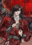 1boy belt bishounen black_hair bracelet braid branch bug butterfly butterfly_necklace chinese_clothes earrings eyepatch flower hair_over_one_eye hanfu highres holding holding_flower holding_umbrella hua_cheng jewelry leaf long_hair long_sleeves looking_at_viewer male_focus mandarin_collar necklace oil-paper_umbrella one_eye_covered parted_lips rain red_eyes red_flower red_hanfu red_umbrella ronpu_cooing side_braid silver_belt silver_bracelet silver_earrings silver_necklace single_braid smile solo string string_around_finger string_of_fate tianguan_cifu umbrella upper_body white_butterfly white_flower yuanlingpao 