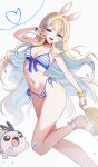  1girl :d absurdres animal_ears bikini blonde_hair blue_eyes blue_nails breasts highres indie_virtual_youtuber long_hair medium_breasts nail_polish navel rabbit_ears sandals scrunchie side-tie_bikini_bottom smile solo striped_bikini striped_clothes swimsuit toenail_polish toenails v very_long_hair virtual_youtuber wrist_scrunchie yenko_(vtuber) yoclesh 