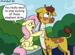  blush brown_hair english_text equid equine fluttershy_(mlp) friendship_is_magic gina_(mlp) giraffe giraffid hair mammal massage my_little_pony pegasus pink_hair rubbing strebiskunk text wings 