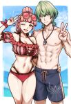  1boy 1girl ;d abs absurdres armpits ass_visible_through_thighs bare_shoulders bikini black_male_swimwear border breasts cleavage closed_mouth collarbone eyewear_on_head fire_emblem fire_emblem:_three_houses fire_emblem_heroes fire_emblem_warriors:_three_hopes frilled_bikini frills hair_bun highres hilda_valentine_goneril hilda_valentine_goneril_(summer) large_breasts long_hair male_byleth_(enlightened)_(fire_emblem) male_byleth_(fire_emblem) male_swimwear muscular muscular_male navel ocean off-shoulder_bikini off_shoulder official_alternate_costume official_alternate_hairstyle one_eye_closed open_mouth outdoors outside_border pectorals pink-tinted_eyewear pink_bikini pink_eyes pink_hair ponytail rotomdocs round_eyewear second-party_source single_hair_bun smile standing stomach striped_bikini striped_clothes sunglasses swim_trunks swimsuit teeth thighs tinted_eyewear tongue topless_male upper_teeth_only v variant_set vertical-striped_bikini vertical-striped_clothes whistle whistle_around_neck white_border 