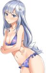  1girl bare_shoulders bikini blue_eyes blush bow bow_bikini breasts cleavage commentary_request cowboy_shot crossed_arms eyebrows_visible_through_hair eyelashes hair_ornament hairclip highres idolmaster idolmaster_million_live! idolmaster_million_live!_theater_days lips long_hair looking_at_viewer low-tied_long_hair medium_breasts navel print_bikini shiraishi_tsumugi silver_hair simple_background solo swimsuit white_background yoropa 