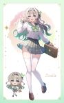  1girl absurdres bag belly black_hairband black_ribbon blush bow bowtie brown_bag brown_shoes buttons cursive double-breasted english_text firefly_(honkai:_star_rail) firefly_(spring_missive)_(honkai:_star_rail) gradient_eyes gradient_hair green_bow green_bowtie green_pupils grey_hair grey_skirt hair_between_eyes hair_intakes hair_ornament hairband handbag highres holding holding_bag holding_petal honkai:_star_rail honkai_(series) long_hair multicolored_eyes multicolored_hair petals pink_petals pleated_skirt ribbon shoes skirt smile solo star_(symbol) teeth thighhighs upper_teeth_only white_thighhighs yukiunag1 