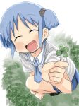  1girl black_shoes blue_eyes blue_hair blue_necktie blue_skirt blush clenched_hand closed_eyes clover cube_hair_ornament four-leaf_clover grass hair_ornament happy highres holding holding_clover looking_at_viewer naganohara_mio naganoharamiomio necktie nichijou sailor_collar sailor_shirt school_uniform shirt shoes short_twintails skirt sparkle summer_uniform tokiwadai_school_uniform twintails white_background white_shirt 
