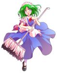  1girl alphes_(style) android apron black_shoes blue_dress blush bow bowtie commentary_request dairi dress frilled_sleeves frills full_body green_hair holding large_variant_set leg_up maid maid_apron maid_headdress mary_janes mop parody parted_bangs puffy_short_sleeves puffy_sleeves red_bow red_bowtie ruukoto shoes short_hair short_sleeves socks solo style_parody tachi-e tareme touhou touhou_(pc-98) transparent_background variant_set waist_apron white_apron white_socks 