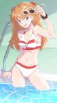  1girl bikini blue_eyes breasts cleavage collarbone front-tie_bikini_top front-tie_top highres interface_headset_(evangelion) long_hair looking_at_viewer multicolored_bikini navel neon_genesis_evangelion open_mouth poolside red_bikini red_eyes solo souryuu_asuka_langley standing striped_bikini striped_clothes sunglasses swimsuit teeth two-tone_bikini unihotate0329 unworn_eyewear upper_teeth_only wading watch water white_bikini wristwatch 