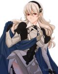  1girl absurdres artist_name black_gloves black_hairband blue_cape breasts cape commentary female_corrin_(fire_emblem) fire_emblem fire_emblem_fates gloves grey_armor hair_between_eyes hairband highres long_hair long_sleeves looking_at_viewer pointy_ears puffy_long_sleeves puffy_sleeves red_eyes sierra117renner simple_background smile solo standing thighs watermark white_background white_hair 