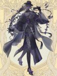  1boy :d bead_necklace beads bell_sleeves black_cape black_gloves black_hair black_hat black_pantyhose black_robe black_shoes black_skin blunt_bangs blunt_ends braid cape changpao chinese_clothes closed_eyes colored_skin dairoku_ryouhei eye_in_palm eye_print eye_symbol eyewear_strap facing_viewer fedora folded_fan folding_fan full_body gloves hair_ribbon hand_fan hand_up hat highres holding holding_fan jewelry long_hair long_sleeves low-tied_long_hair lower_teeth_only male_focus multi-tied_hair necklace onyx_valentine pantyhose pom_pom_(clothes) pom_pom_footwear print_gloves purple-tinted_eyewear purple_ribbon ribbon robe round_eyewear shoes side_braid side_slit smile solo standing tassel teeth tinted_eyewear very_amai very_long_hair yaopei yellow_background 