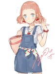  1girl :o ^^^ absurdres bag bead_bracelet beads blue_eyes blunt_bangs blush bracelet cherry_earrings cherry_necklace cowboy_shot earrings food-themed_earrings hand_up highres holding holding_bag jewelry looking_at_viewer medium_hair original overalls red_hair shirt signature simple_background solo striped_clothes striped_shirt t-shirt waistband white_background yoimon 