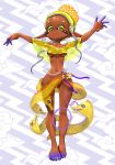 cephalopod clothing convenient_censorship fangs female frye_(splatoon) hi_res humanoid_pointy_ears inkling koharuno2 looking_at_viewer marine mollusk mostly_nude nintendo not_furry pattern_background pointy_ears simple_background solo splatoon teeth translucent translucent_clothing wide_hips