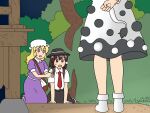  3girls arms_behind_back backpack bag bare_shoulders black_hat bow brown_eyes brown_hair collared_shirt doremy_sweet dress fedora hair_bow hat kneeling koyama_shigeru long_hair maribel_hearn mob_cap multiple_girls necktie outdoors pom_pom_(clothes) puffy_short_sleeves puffy_sleeves purple_dress purple_eyes red_necktie shirt short_hair short_sleeves shoulder_bag socks standing tail touhou usami_renko white_bow white_dress white_hat white_shirt white_socks 