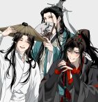  3boys adjusting_clothes adjusting_headwear ahoge bandaged_arm bandaged_neck bandages bishounen black_hair black_hanfu blush brown_hair chinese_clothes closed_eyes creator_connection crossover dizi flute flute_tassel folding_fan green_eyes green_hanfu grey_background grin hair_bun hand_fan hand_up hanfu hat highres holding holding_fan holding_flute holding_instrument huadian instrument long_hair long_sleeves male_focus modao_zushi multiple_boys open_mouth paper_fan ponytail purple_eyes renzha_fanpai_zijiu_xitong ribboned_xiao_guan rice_hat robe ronpu_cooing sash shen_qingqiu sidelocks simple_background single_hair_bun sleeves_past_wrists smile tassel tianguan_cifu topknot transverse_flute upper_body wei_wuxian white_hanfu wide_sleeves xiao_guan_(headdress) xie_lian 