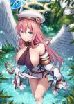  1girl akkijin angel angel_wings bare_shoulders belt beret blue_eyes breasts covered_nipples elbow_gloves feathered_wings forest gloves groin halo hat large_breasts light_rays long_hair looking_at_viewer nature no_panties official_art pelvic_curtain pink_hair plant revealing_clothes shinkai_no_valkyrie sideboob skirt skirt_lift solo sunbeam sunlight thighs wading water watermark white_gloves white_headwear white_skirt wings 