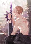  1boy absurdres between_legs blurry brown_eyes brown_hair clothes_around_waist dappled_sunlight depth_of_field from_side hand_between_legs highres holding holding_weapon jacket jacket_around_waist looking_at_viewer looking_back male_focus messy_hair multiple_scars no_shirt original scar scars_all_over short_hair sitting solo stairs sunlight sword weapon yoimon 