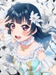  1girl birthday blue_hair blunt_bangs blush collarbone commentary feathers grey_background highres kyaku_tasu long_hair looking_at_viewer love_live! love_live!_sunshine!! purple_eyes signature solo tsushima_yoshiko twitter_username upper_body watermark white_feathers 