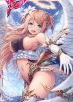 1girl :d akkijin angel angel_wings armpits bare_shoulders blonde_hair breasts center_opening cloud elbow_gloves feathered_wings floating_hair flower frills gloves gold_trim green_eyes hair_flower hair_ornament halo highleg large_breasts long_hair looking_at_viewer navel official_art open_mouth outstretched_arm revealing_clothes shinkai_no_valkyrie sideboob smile solo stomach thighhighs thighs two_side_up waist_cape watermark white_gloves white_legwear wings 