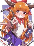  1girl blush bow chain commentary cowboy_shot gourd grin hair_bow highres horns ibuki_suika long_hair oni orange_eyes orange_hair outstretched_arm pointy_ears red_bow shirt signature skirt smile soesoe300 solo teeth touhou two-tone_background 