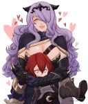  2girls :d absurdres belt biting biting_arm black_belt black_boots black_gloves black_robe boots breasts camilla_(fire_emblem) cleavage closed_eyes facing_viewer fang female_morgan_(fire_emblem) fire_emblem fire_emblem_fates gloves grey_pants grey_shirt hair_between_eyes hair_over_one_eye happy heart highres hug hug_from_behind knee_boots large_breasts long_hair long_sleeves multiple_girls open_mouth pants purple_hair red_eyes red_hair robe shirt short_hair sierra117renner simple_background smile struggling tongue very_long_hair wavy_hair white_background 