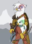  anthro arrow atreus_(god_of_war) avian axe bow_(weapon) droll3 duo friendship_is_magic gilda_(mlp) god_of_war god_of_war_4 greta_(mlp) gryphon hand_on_shoulder hi_res kratos_(god_of_war) melee_weapon my_little_pony mythological_avian mythology ranged_weapon shoulder_guards sony_corporation sony_interactive_entertainment video_games weapon wings 