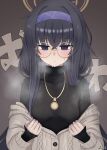  1girl artist_name black_hair black_shirt black_undershirt blue_archive blue_eyes blush breasts brown_cardigan brown_halo cardigan commentary crossed_bangs dot_nose furrowed_brow grey_background hair_between_eyes hairband halo highres jewelry long_hair long_sleeves necklace purple_hairband round_eyewear shirt signature simple_background small_breasts solo sora_scale steaming_body sweatdrop translated turtleneck turtleneck_shirt ui_(blue_archive) undressing yellow-framed_eyewear 