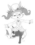  anthro bottomless box_(hajimeyou654) braixen clothed clothing ear_tuft eyes_closed featureless_crotch female flat_chested happy hat headgear headwear hi_res huge_hips huge_thighs magic_wand magician monochrome nintendo open_arms pok&eacute;mon pok&eacute;mon_(species) smile solo thick_thighs top_hat tuft video_games wide_hips 