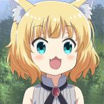  1girl animal_ear_fluff animal_ears aqua_eyes bangs blonde_hair blue_eyes blunt_bangs cat_ears close-up cosplay face fang gochuumon_wa_usagi_desu_ka? highres karyl_(princess_connect!) karyl_(princess_connect!)_(cosplay) kirima_sharo na!_(na&#039;mr) open_mouth princess_connect! princess_connect!_re:dive short_hair sleeveless wavy_hair 