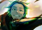  1boy aqua_hair bead_necklace beads blurry brown_gloves brown_tunic camus_(dq11) commentary_request depth_of_field dragon_quest dragon_quest_xi earrings fingerless_gloves gloves gold_earrings green_eyes grey_background grin holding holding_knife holding_weapon hoop_earrings jewelry knife looking_at_viewer male_focus necklace partial_commentary popon_(user_eaem5325) short_hair smile solo spiked_hair sweat teeth tunic upper_body weapon 