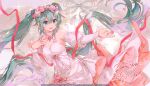  1girl :d absurdly_long_hair animal_on_arm anniversary aqua_eyes aqua_hair bird bird_on_arm blue_eyes blue_hair breasts choker company_name copyright_notice detached_sleeves double-parted_bangs dove dress dress_flower english_commentary falling_petals floating_hair flower flower_ring flower_wreath gown guest_art hair_between_eyes hand_on_own_chest happy_anniversary hatsune_miku head_wreath highres jewelry juliet_sleeves long_dress long_hair long_sleeves looking_ahead medium_breasts middle_ring namie-kun offering_hand official_art open_mouth pendant_choker petals pink_flower pink_petals pink_rose project_sekai puffy_sleeves ring rose second-party_source sleeveless sleeveless_dress smile solo spaghetti_strap sparkle twintails very_long_hair vocaloid white_bird white_choker white_dress white_flower white_sleeves 
