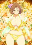  1girl agapanthus_(flower) antenna_hair arm_under_breasts armpit_crease ass_visible_through_thighs bare_shoulders bikini blush breasts brown_hair chitose_(senran_kagura) cleavage collarbone cowboy_shot daisy_(flower) detached_sleeves floral_background flower flower_request frilled_bikini frilled_bikini_top frills hair_flower hair_ornament highres large_breasts leaf looking_at_viewer navel neck_ribbon official_art open_mouth orange_background orange_eyes parted_lips pink_flower purple_flower ribbon senran_kagura senran_kagura_new_wave shiny_skin short_hair solo sparkle standing swimsuit white_flower yaegashi_nan yellow_bikini yellow_flower yellow_ribbon yellow_sleeves 