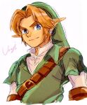  1boy artist_name belt belt_buckle blonde_hair blue_eyes brown_belt brown_gloves buckle chest_belt closed_mouth collared_shirt commentary_request cropped_torso curtained_hair earrings gloves green_hat green_tunic hat jewelry layered_sleeves link long_pointy_ears long_sleeves looking_to_the_side male_focus msk3284tloz piercing pointy_ears popped_collar shirt short_over_long_sleeves short_sleeves sideways_glance simple_background smile solo the_legend_of_zelda the_legend_of_zelda:_ocarina_of_time thick_eyebrows tunic white_background white_shirt 