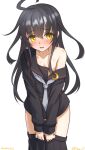  1girl ahoge black_hair black_sailor_collar black_serafuku blush clothes_pull cowboy_shot crescent crescent_hair_ornament crescent_pin embarrassed hair_ornament kantai_collection long_hair long_sleeves looking_at_viewer mikazuki_(kancolle) neckerchief necktie open_mouth ray.s sailor_collar school_uniform serafuku skirt skirt_pull solo white_background white_neckerchief white_necktie yellow_eyes 