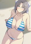  1girl absurdres arm_support bikini blue_eyes blush breasts chimunge cleavage closed_mouth collarbone commentary_request grey_hair hair_ribbon highres large_breasts looking_at_viewer navel outdoors ribbon senran_kagura senran_kagura_burst senran_kagura_burst_re:newal senran_kagura_estival_versus senran_kagura_shinovi_versus short_hair signature sitting smile solo striped_bikini striped_clothes sweat swimsuit thighs yumi_(senran_kagura) 