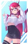  1girl absurdres adjusting_eyewear alternate_costume black_choker black_skirt black_thighhighs blue_background blue_eyes border breasts choker cropped_shirt crystal_wings demon_horns detached_wings double_halo earrings eienart hair_flowing_over halo heterochromia highres hololive hololive_english horns irys_(hololive) jewelry lace lace_choker long_hair looking_at_viewer medium_breasts midriff off-shoulder_shirt off_shoulder outside_border parted_bangs parted_lips pencil_skirt pink_eyes pink_hair pink_nails pointing pointy_ears purple-framed_eyewear shirt skirt solo star-shaped_pupils star_(symbol) symbol-shaped_pupils thighhighs virtual_youtuber white_border white_shirt wings zettai_ryouiki 