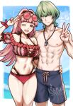  1boy 1girl ;d abs absurdres armpits ass_visible_through_thighs bare_shoulders bikini black_male_swimwear border breasts cleavage closed_mouth collarbone eyewear_on_head fire_emblem fire_emblem:_three_houses fire_emblem_heroes frilled_bikini frills highres hilda_valentine_goneril hilda_valentine_goneril_(summer) hilda_valentine_goneril_(timeskip) large_breasts long_hair male_byleth_(enlightened)_(fire_emblem) male_byleth_(fire_emblem) male_swimwear muscular muscular_male navel ocean off-shoulder_bikini off_shoulder official_alternate_costume one_eye_closed open_mouth outdoors outside_border pectorals pink-tinted_eyewear pink_bikini pink_eyes pink_hair ponytail rotomdocs round_eyewear second-party_source smile standing stomach striped_bikini striped_clothes sunglasses swim_trunks swimsuit teeth thighs tinted_eyewear tongue topless_male upper_teeth_only v variant_set vertical-striped_bikini vertical-striped_clothes whistle whistle_around_neck white_border 